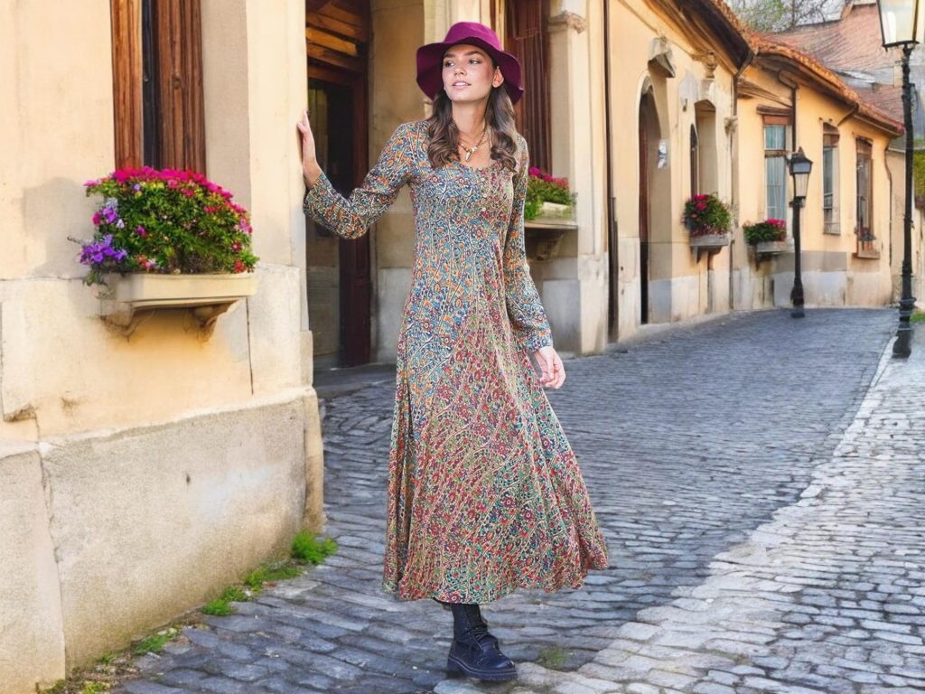 Dandelion Print Long Dress: Scoop Neck Bohemian Flounce
