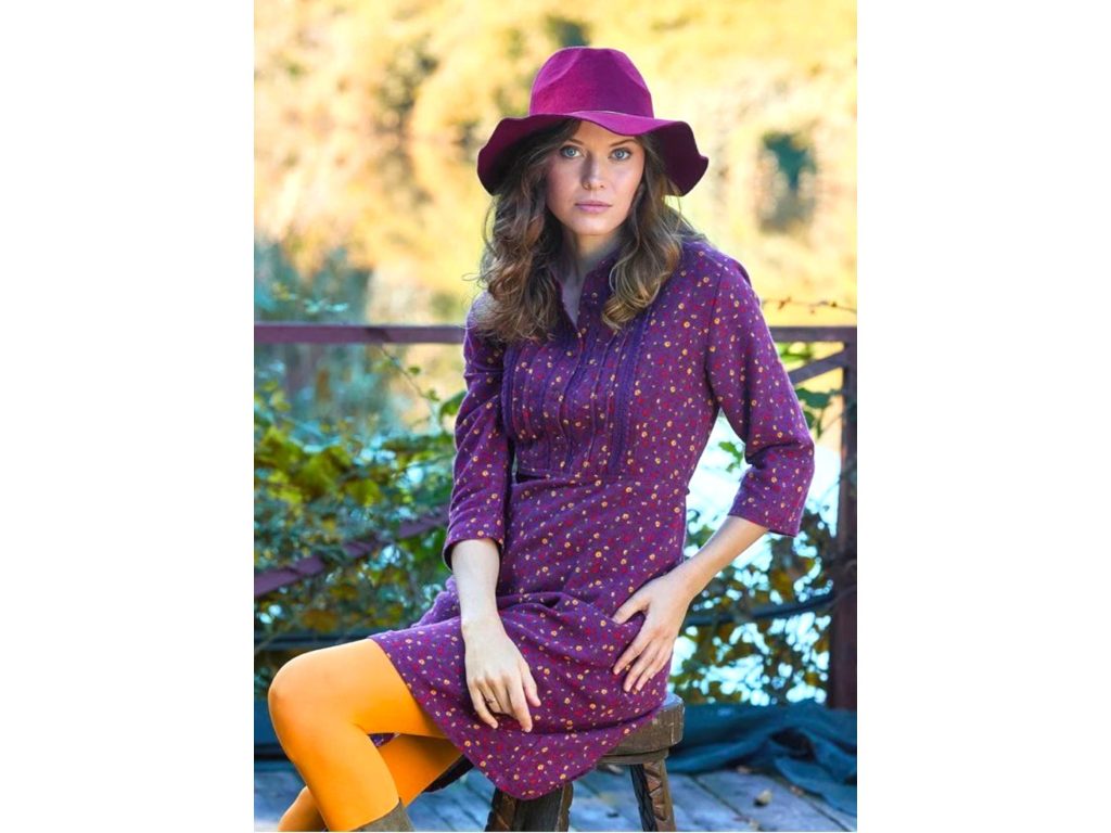 Purple Flannel Cotton Dress With Lace Button Details
